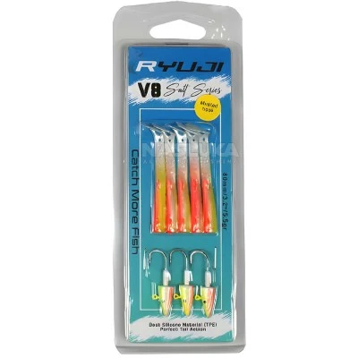 Комплект от 5 силиконови примамки и 3 джиг глави Ryuji V8 Salt Series 80мм/5.5г, Lemon Back UV