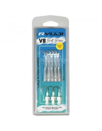 Комплект от 5 силиконови примамки и 3 джиг глави Ryuji V8 Salt Series 80мм/5.5г, Pearl Glow