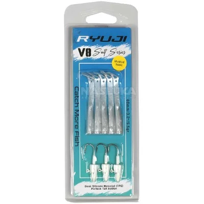 V8 Salt Series 80мм/5.5г, Pearl Glow Комплект от 5 силиконови примамки и 3 джиг глави Ryuji V8 Salt Series 80мм/5.5г, Pearl Glow