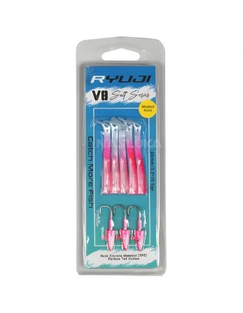 Комплект от 5 силиконови примамки и 3 джиг глави Ryuji V8 Salt Series 80мм/5.5г, Pink UV