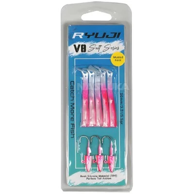 V8 Salt Series 80мм/5.5г, Pink UV Комплект от 5 силиконови примамки и 3 джиг глави Ryuji V8 Salt Series 80мм/5.5г, Pink UV