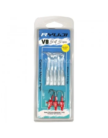 Комплект от 5 силиконови примамки и 3 джиг глави Ryuji V8 Salt Series 80мм/5.5г, Red Head White Silver