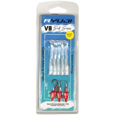 Комплект от 5 силиконови примамки и 3 джиг глави Ryuji V8 Salt Series 80мм/5.5г, Red Head White Silver