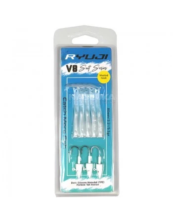 Комплект от 5 силиконови примамки и 3 джиг глави Ryuji V8 Salt Series 80мм/5.5г, White Silver