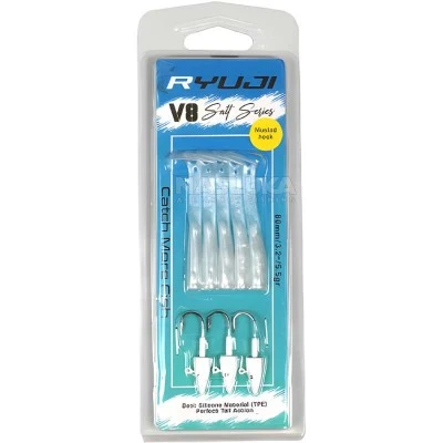 Комплект от 5 силиконови примамки и 3 джиг глави Ryuji V8 Salt Series 80мм/5.5г, White Silver