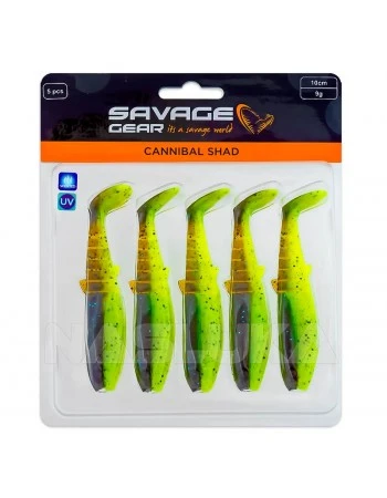 Комплект от 5 бр. силиконови примамки Savage Gear Cannibal Shad 8см, 5г, Chartreuse Pumpkin