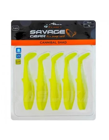 Комплект от 5 бр. силиконови примамки Savage Gear Cannibal Shad 8см, 5г, Fluo Yellow Glow