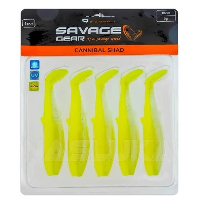 Savage Gear Cannibal Shad 8см, 5г, Fluo Yellow Glow Комплект от 5 бр. силиконови примамки Savage Gear Cannibal Shad 8см, 5г, Fluo Yellow Glow