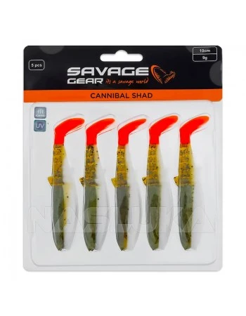 Комплект от 5 бр. силиконови примамки Savage Gear Cannibal Shad 8см, 5г, Olive Hot Orange