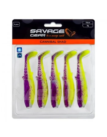Комплект от 5 бр. силиконови примамки Savage Gear Cannibal Shad 8см, 5г, Purple Glitter Bomb