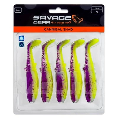 Savage Gear Cannibal Shad 8см, 5г, Purple Glitter Bomb Комплект от 5 бр. силиконови примамки Savage Gear Cannibal Shad 8см, 5г, Purple Glitter Bomb