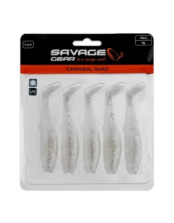Комплект от 5 бр. силиконови примамки Savage Gear Cannibal Shad 8см, 5г, White Flash