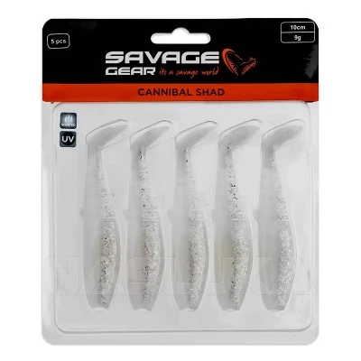 Savage Gear Cannibal Shad 8см, 5г, White Flash Комплект от 5 бр. силиконови примамки Savage Gear Cannibal Shad 8см, 5г, White Flash