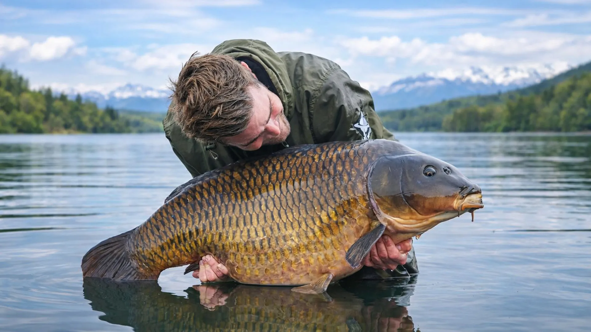 Риболовец, хванал голям шаран и го държи над водата