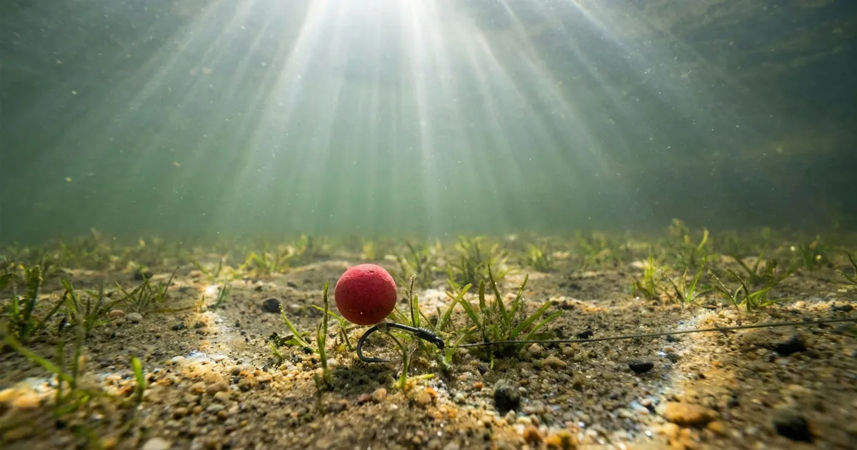 готов монтаж на косъм с топче, лежащ на дъмото на водоем