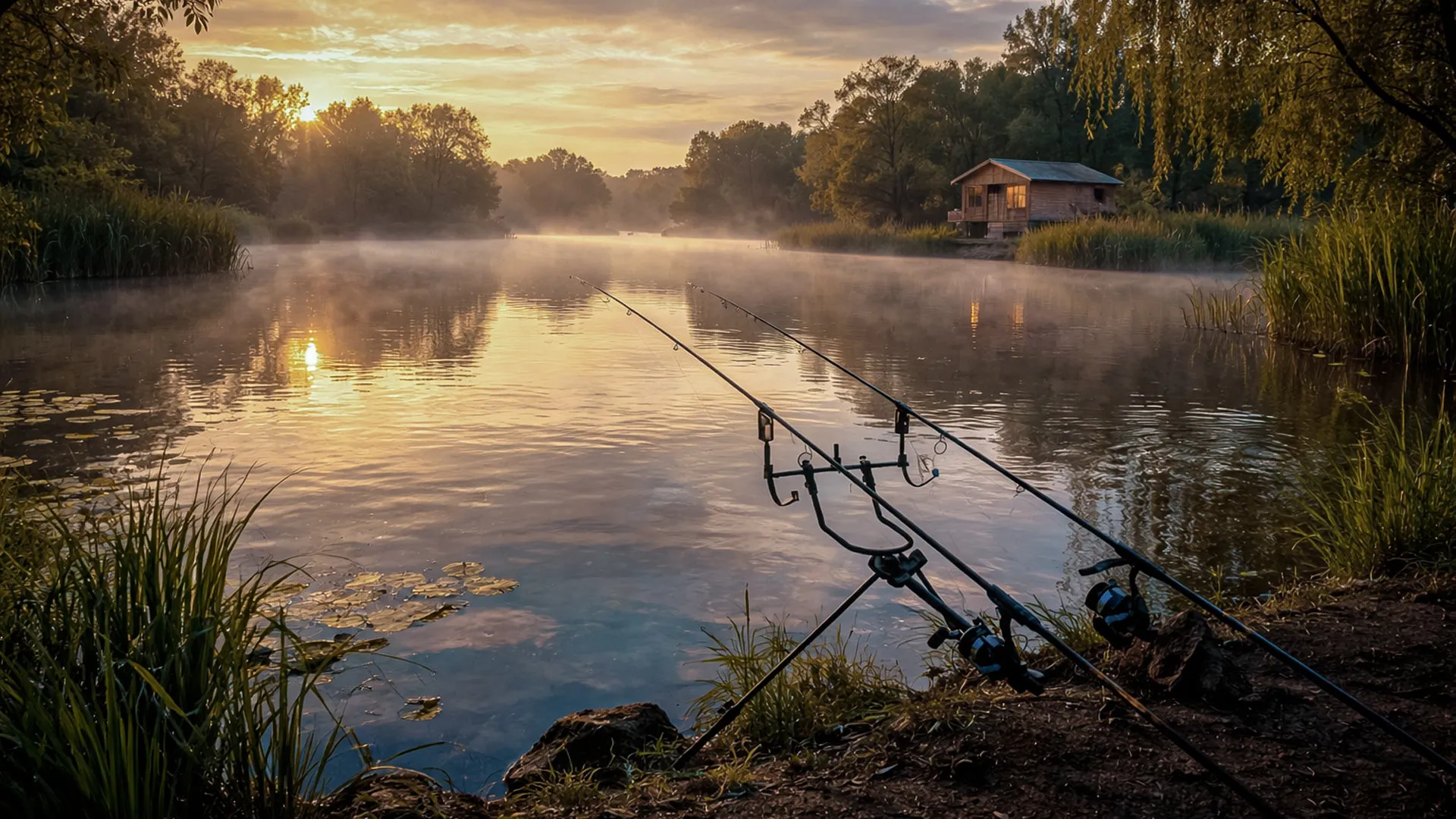 Шарански въдици на стойка на брега на езерото в очакване да клъвне