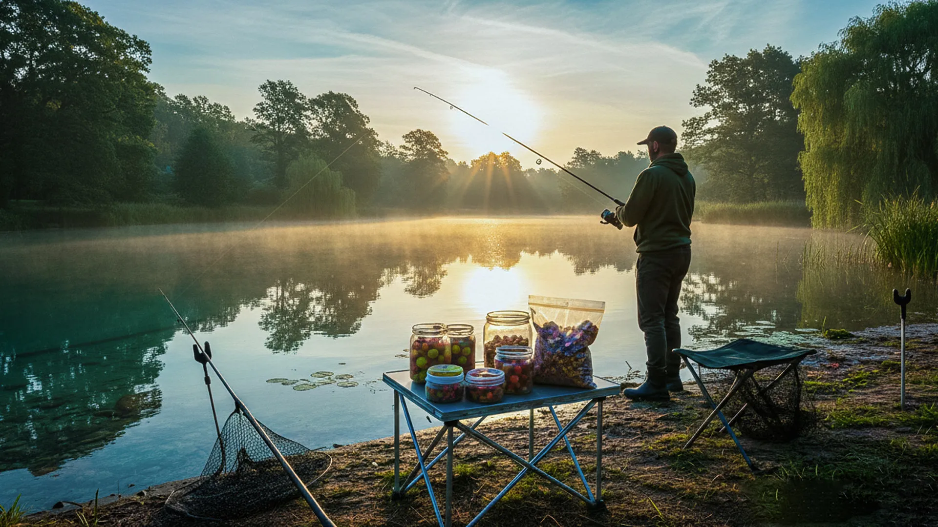 Риболовец на брега на езеро, лови шаран и представя различни протеинови топчета