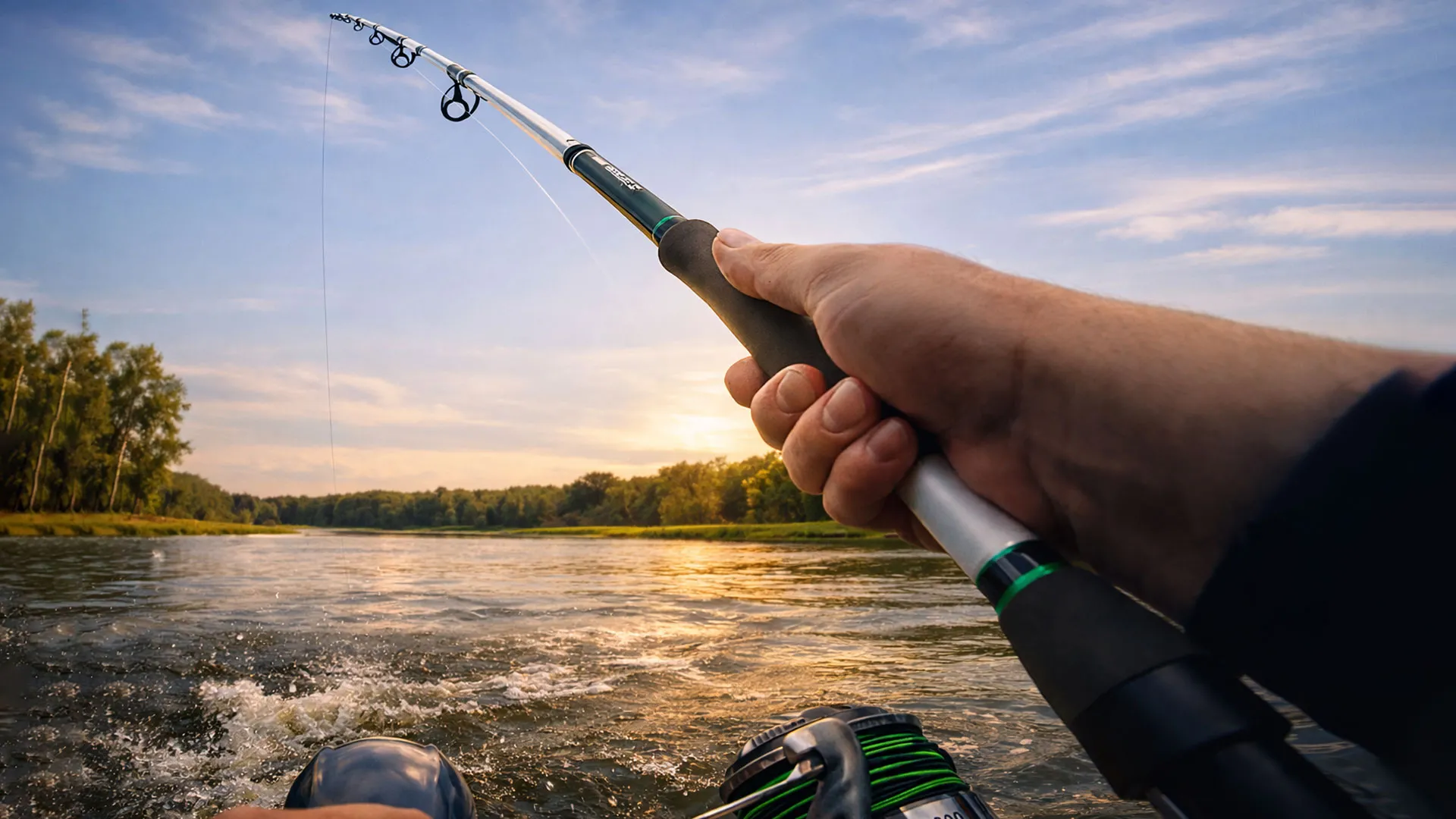 въдица и макара за сом по време на риболов