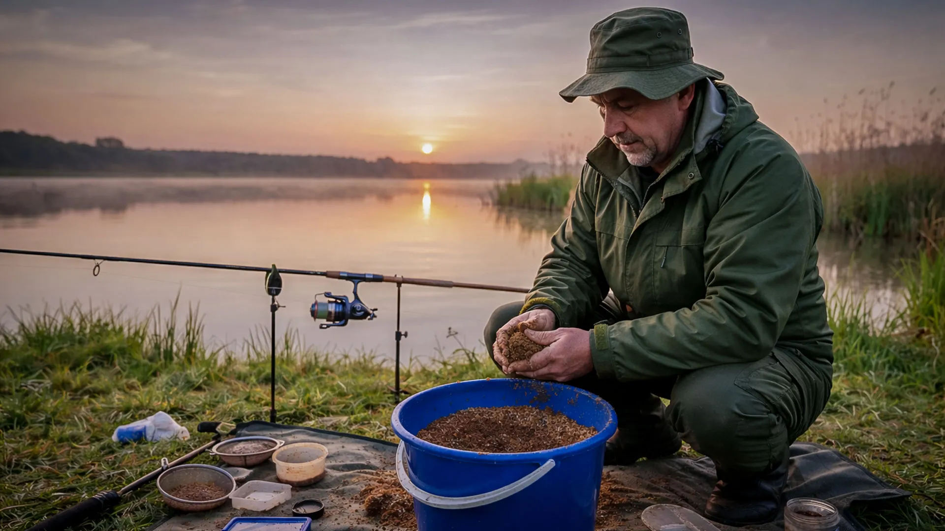 риболовец на брега на водоем, подготвящ захранка за риболов