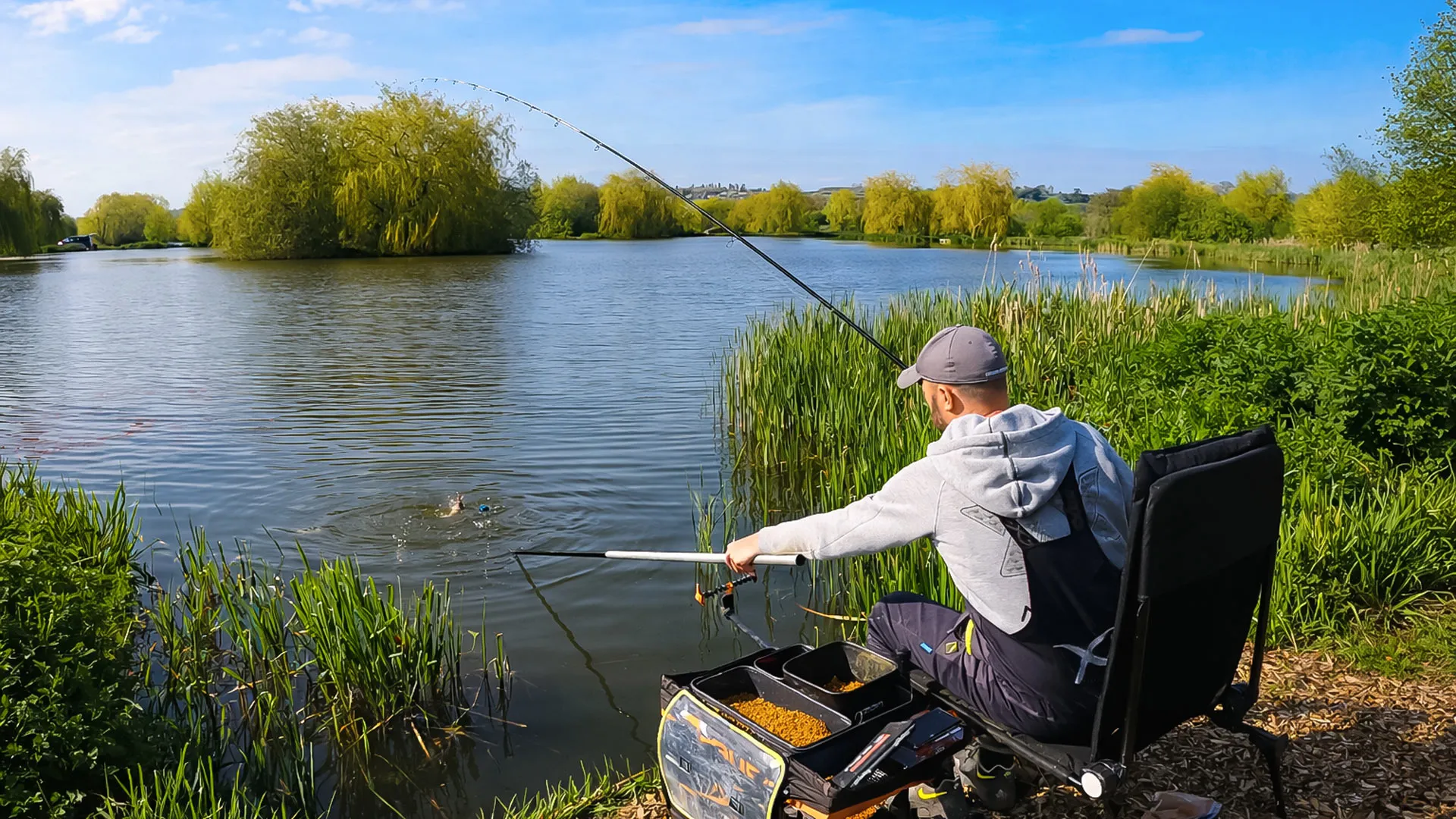риболове, лови риба с метод фидер въдица на езеро