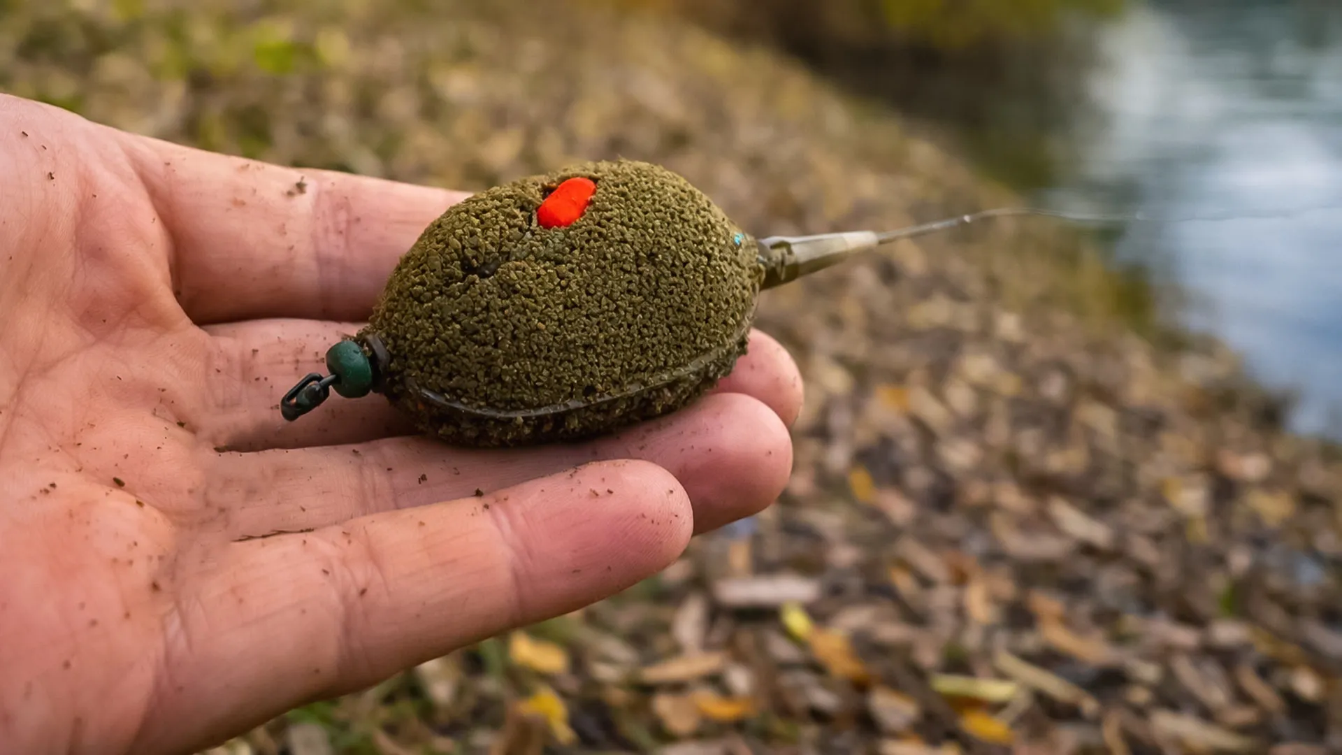 заредена метод фидер хранилка със стръв, готова за риболов