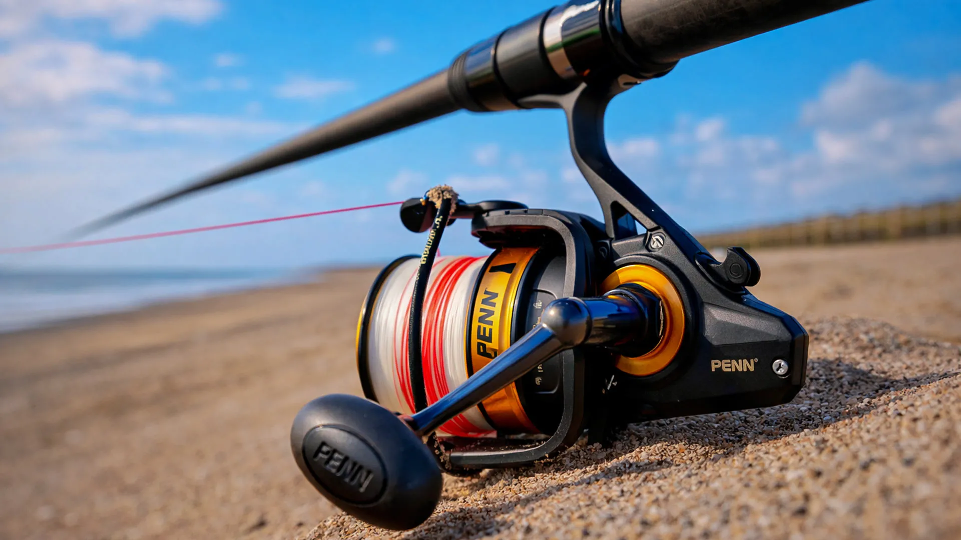 Макара Penn на брега на морето, готова за риболов