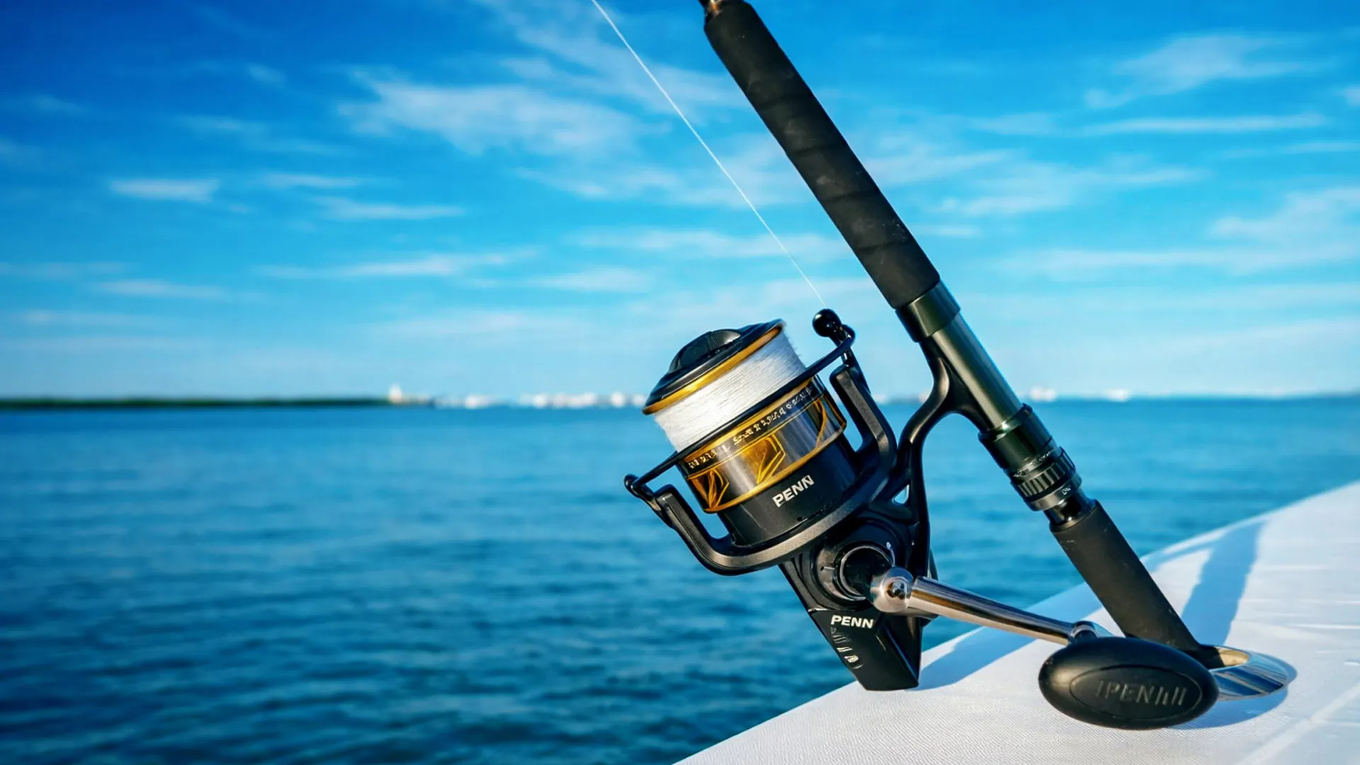 Макара с въдица за риболов в морето от лодка