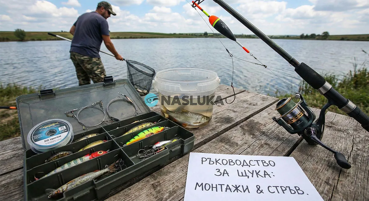 Рибар лови щука на река и показва как се лови по различни начини