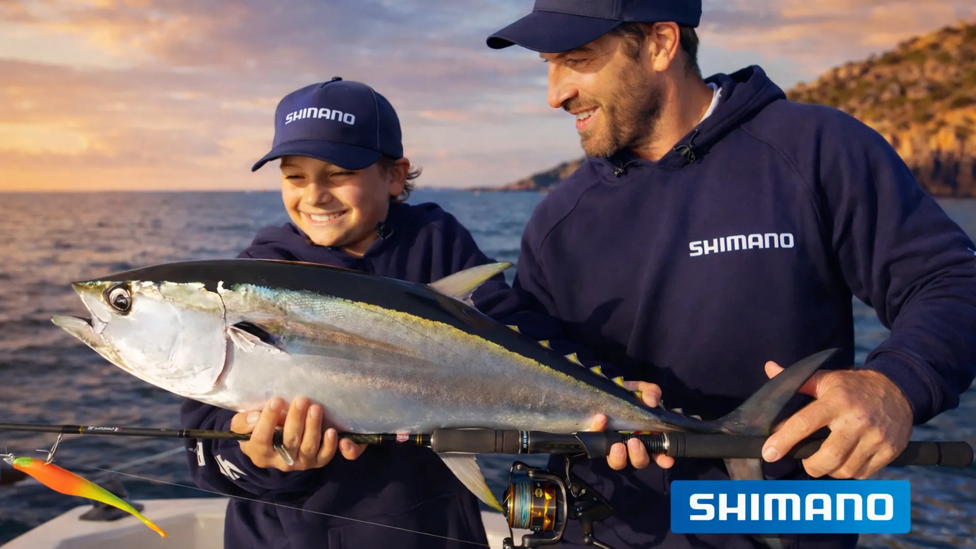 Щастливо семейство лови риба тон с макара Shimano в морето
