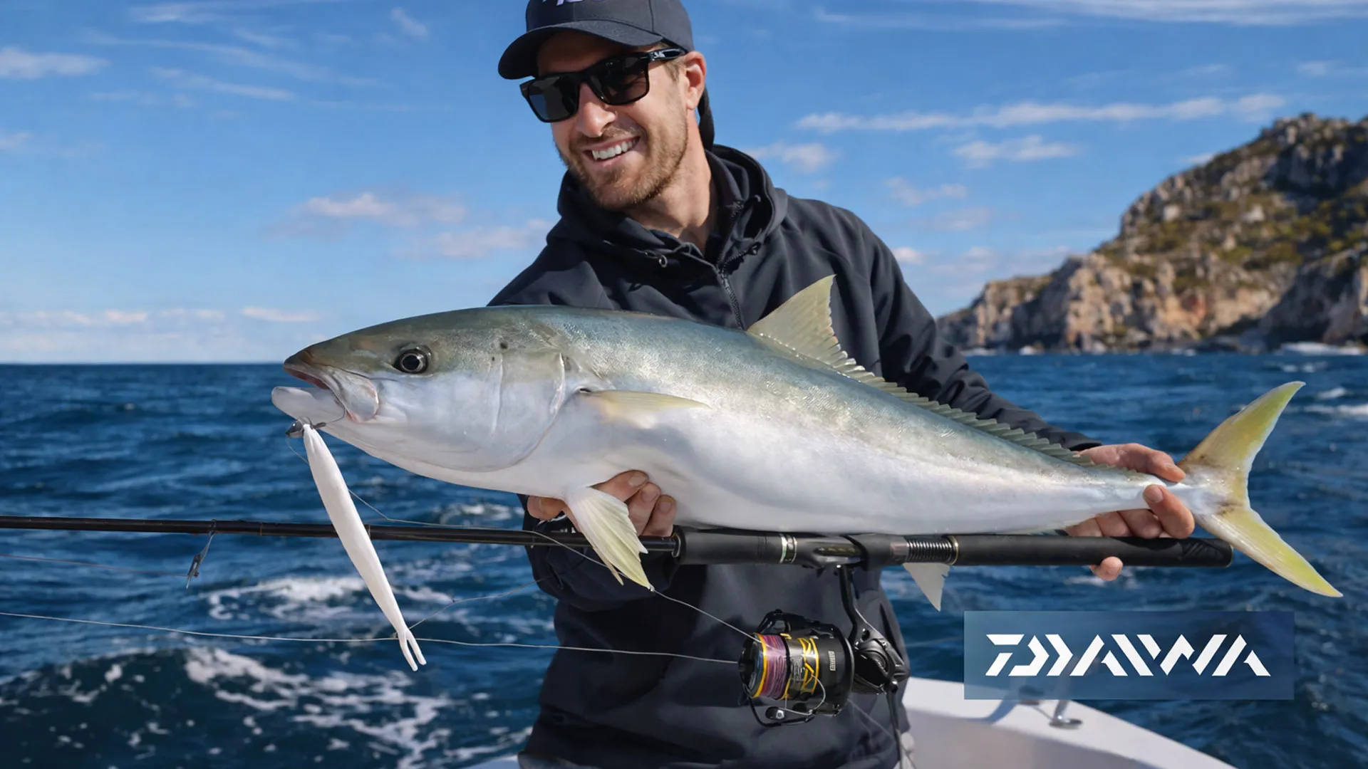 Риболовец с голяма морска риба, уловена с макара Daiwa