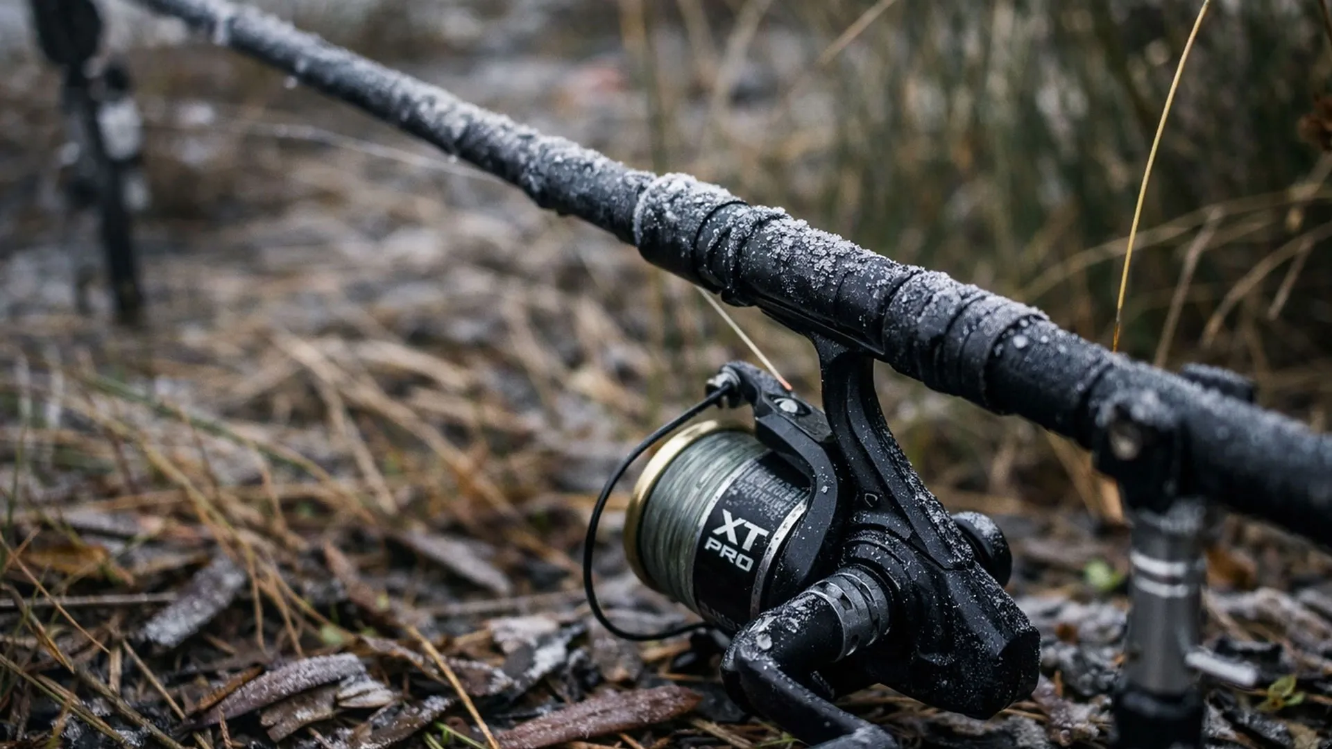 риболовни такъвми сутрин при студено време в скреж