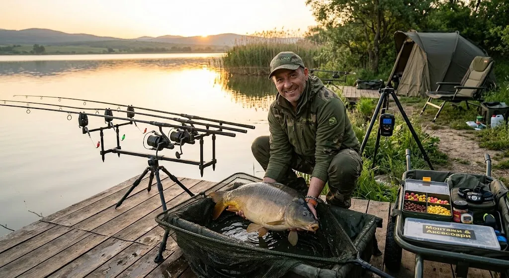 Рибар лови шаран на язовир